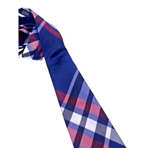 Express Plaid Tie 100% Silk Blue White Red Preppy Wedding Guest Corpcore Coastal - Picture 2 of 5